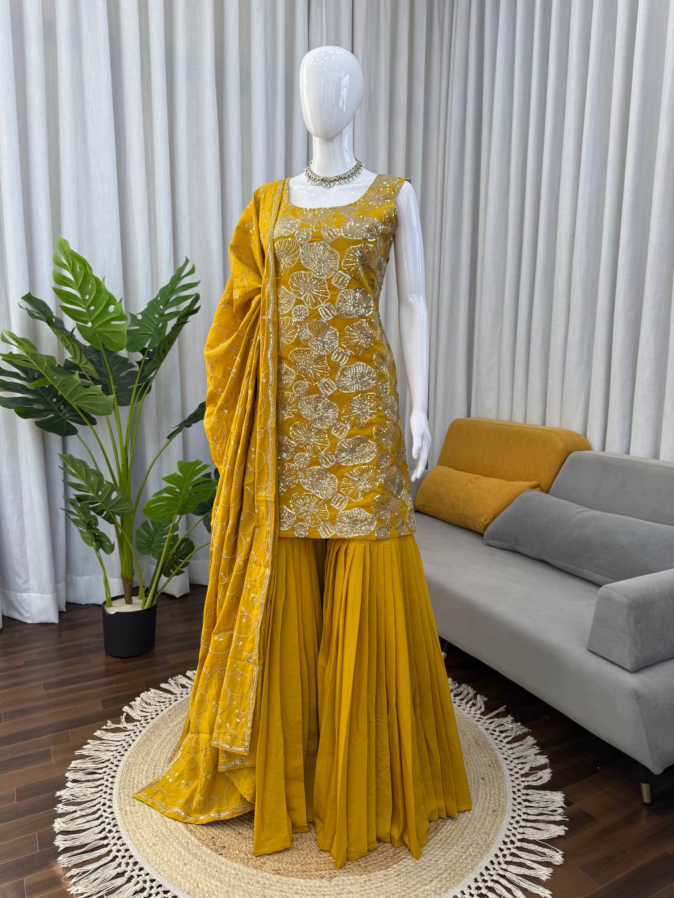 Neha's Yellow Color Thread And Sequin Work Silk Haldi Wear Sharara Set