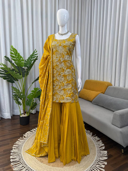 Neha's Yellow Color Thread And Sequin Work Silk Haldi Wear Sharara Set