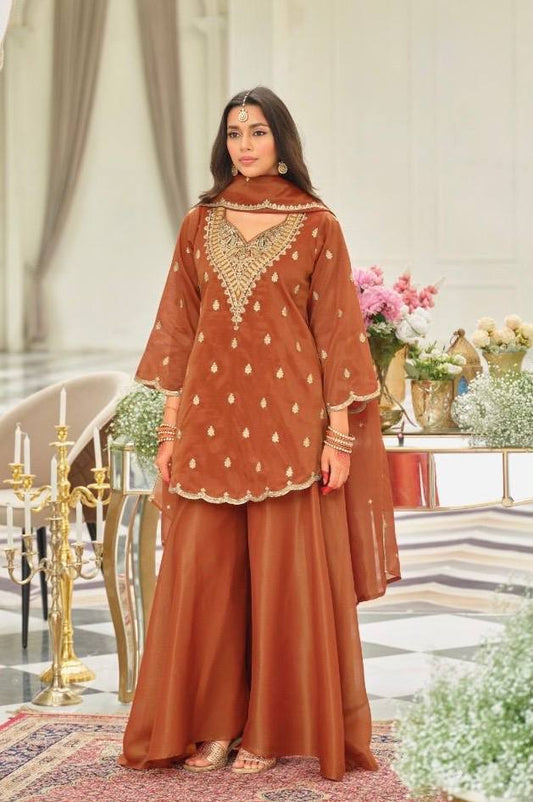 Dazzling Orange Color Sequence Embroidered Sharara Suit