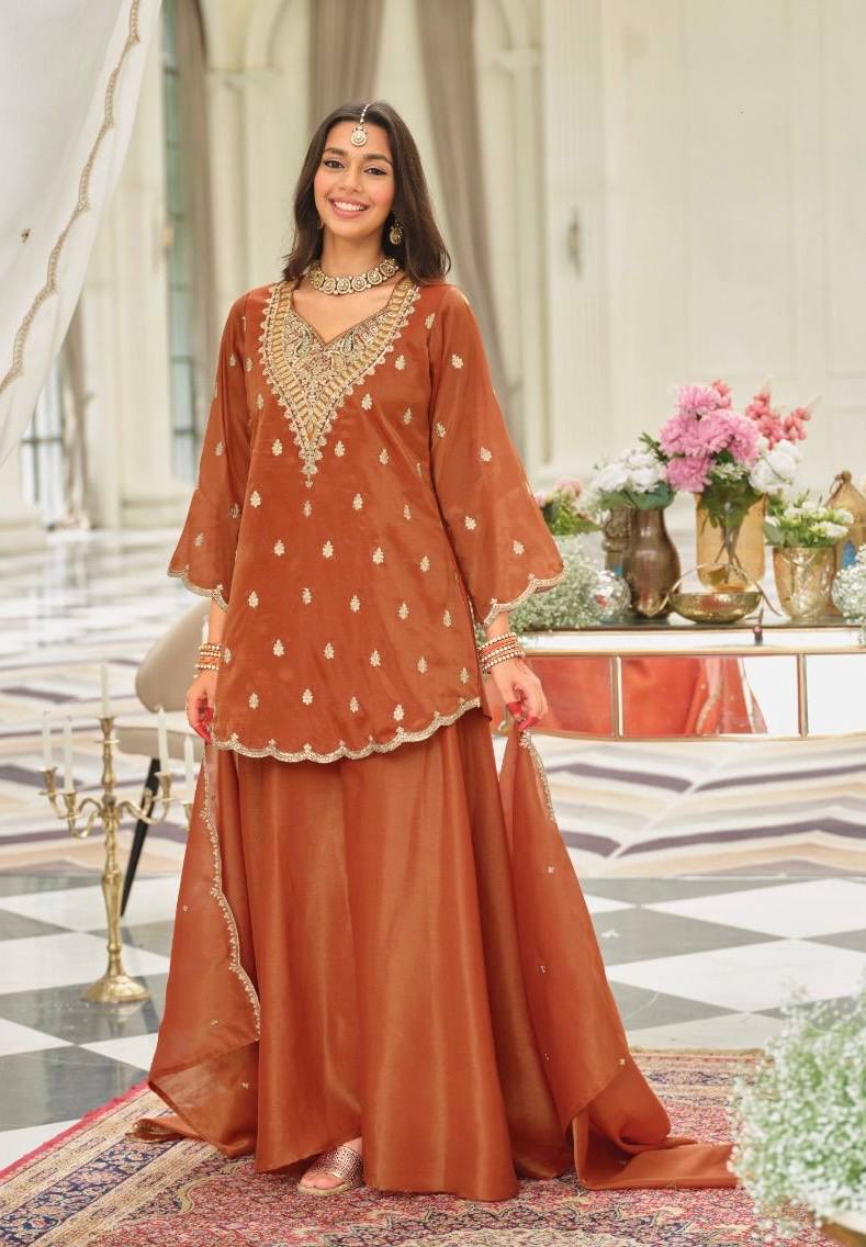 Dazzling Orange Color Sequence Embroidered Sharara Suit