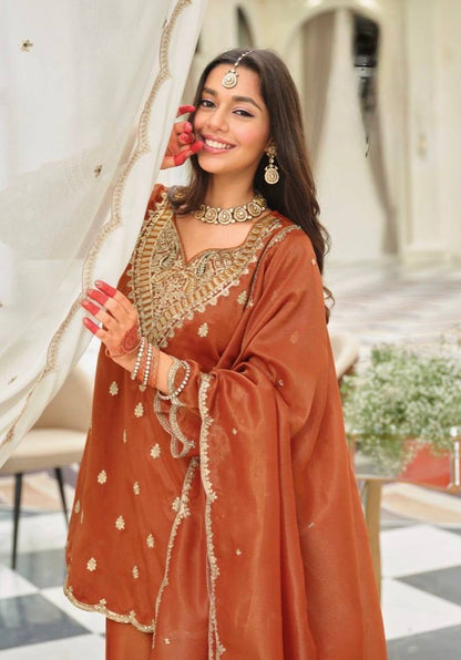 Dazzling Orange Color Sequence Embroidered Sharara Suit