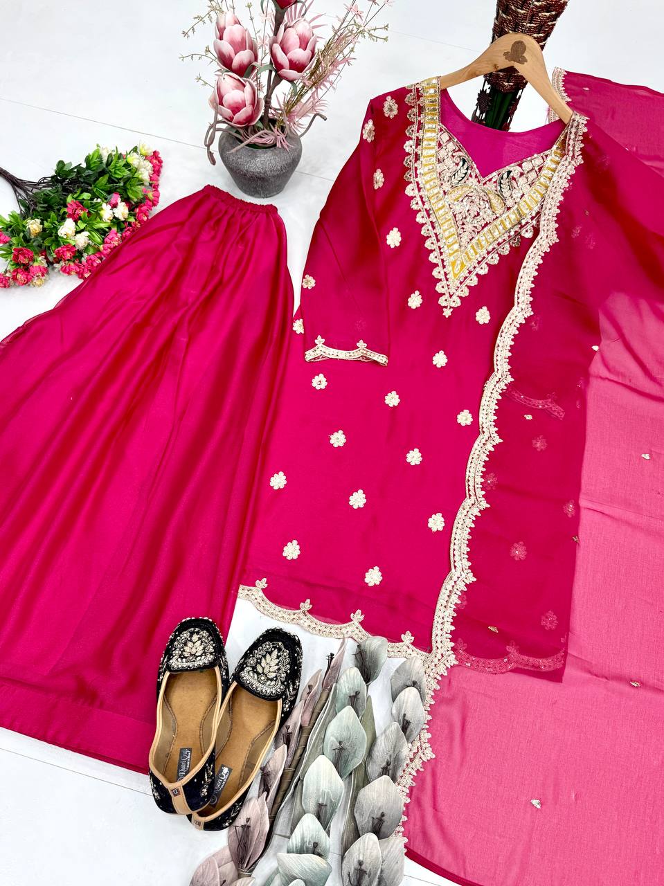 Stylish Pink Color Sequence Embroidered Sharara Suit