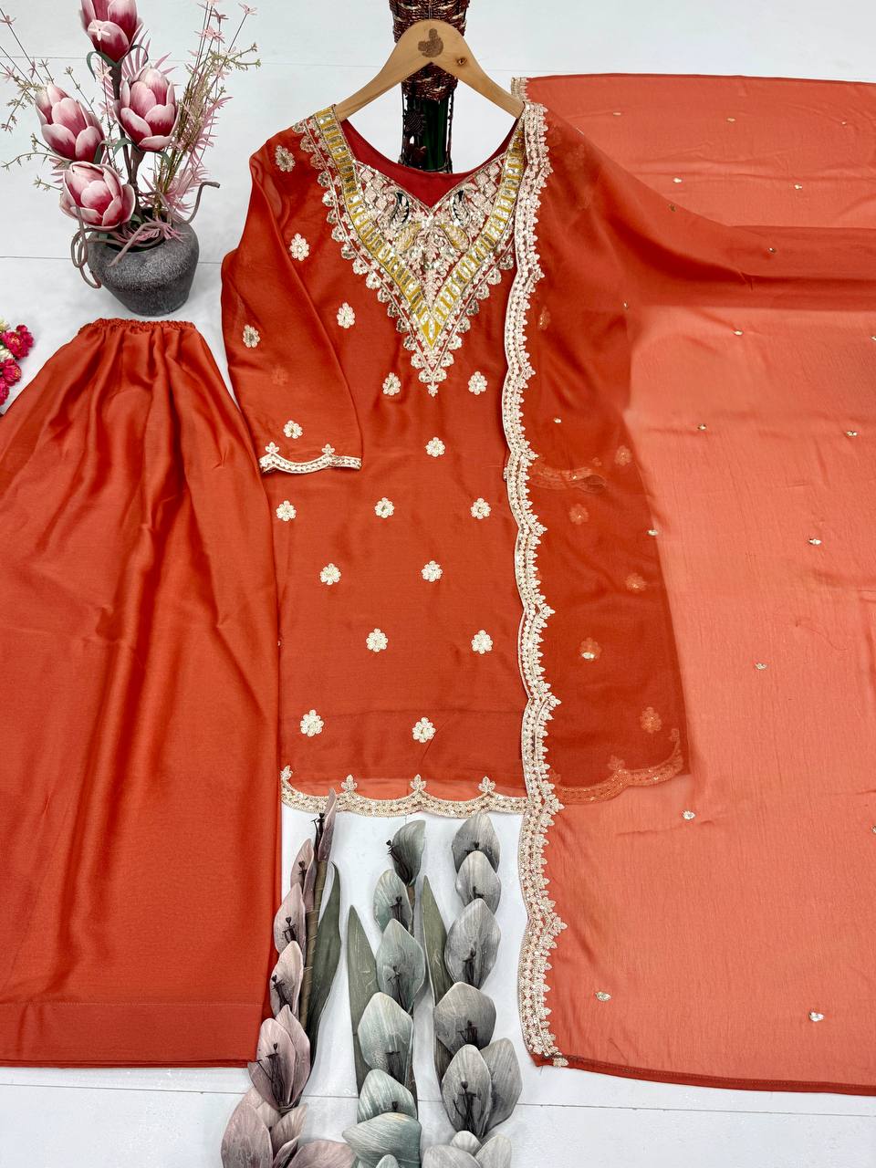 Dazzling Orange Color Sequence Embroidered Sharara Suit
