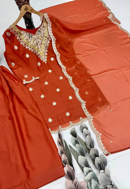 Dazzling Orange Color Sequence Embroidered Sharara Suit