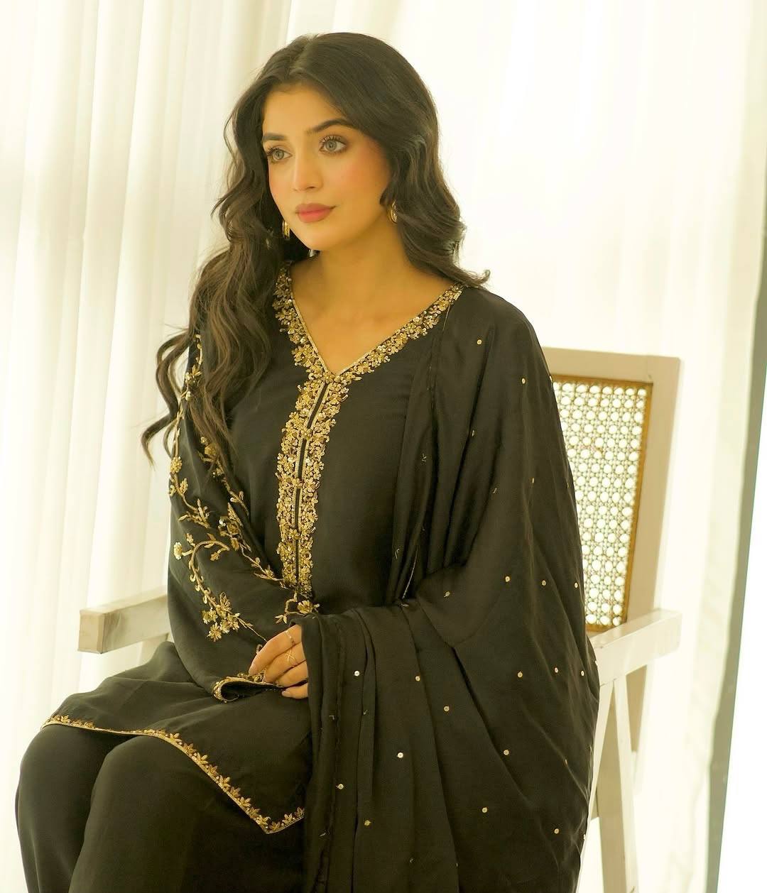 Function Wear Black Color Pure Faux Georgette With Embroidery Sequence Work Palazzo Suit