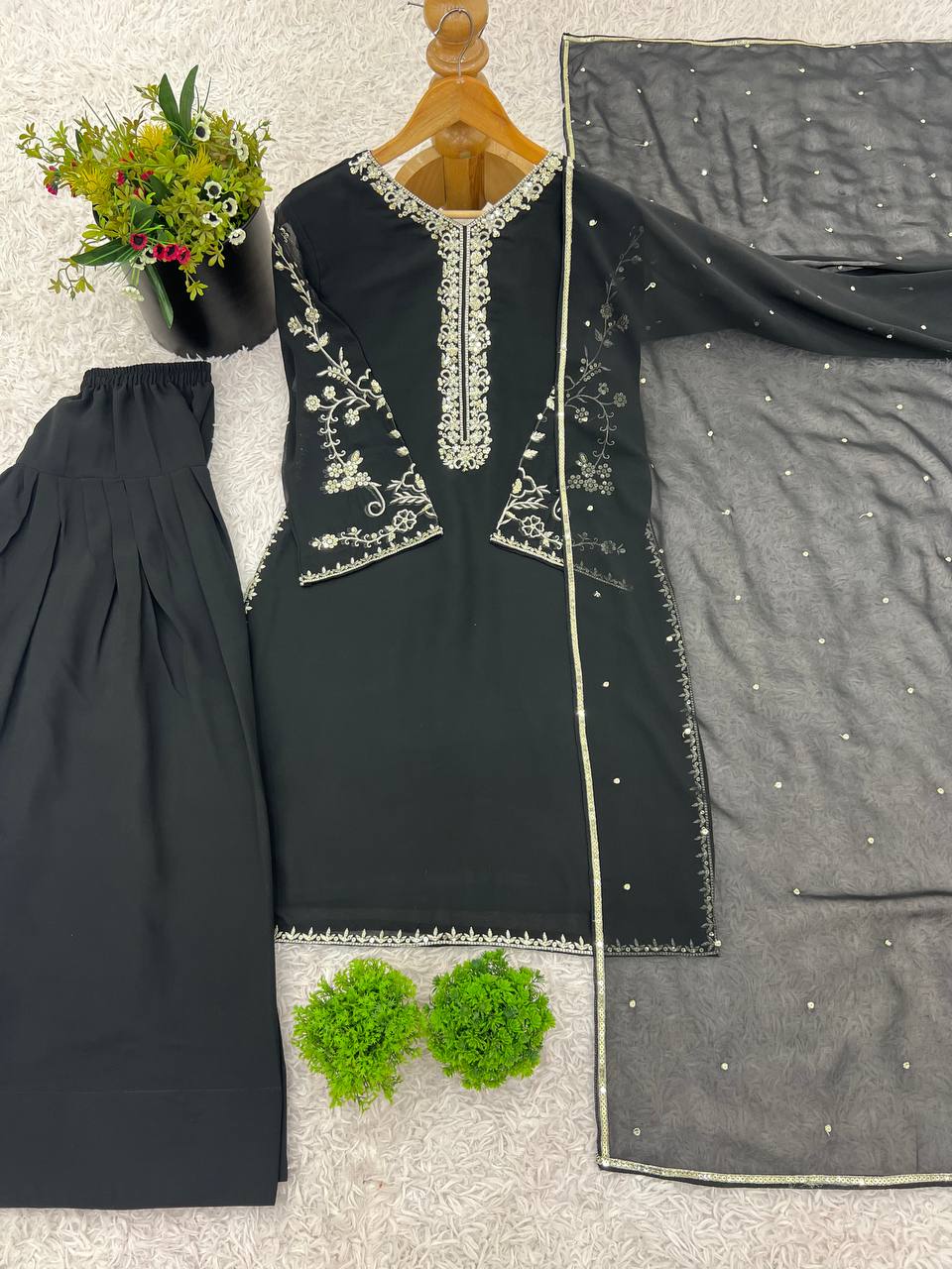 Function Wear Black Color Pure Faux Georgette With Embroidery Sequence Work Palazzo Suit