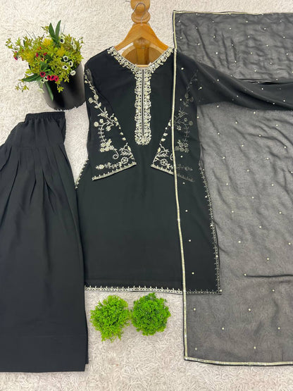 Function Wear Black Color Pure Faux Georgette With Embroidery Sequence Work Palazzo Suit