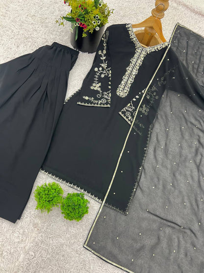 Function Wear Black Color Pure Faux Georgette With Embroidery Sequence Work Palazzo Suit