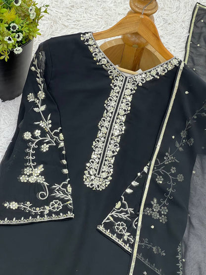Function Wear Black Color Pure Faux Georgette With Embroidery Sequence Work Palazzo Suit