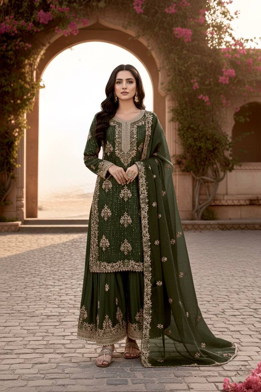Green Color Silk Embroidered Fully Stitched Palazzo Suit Set