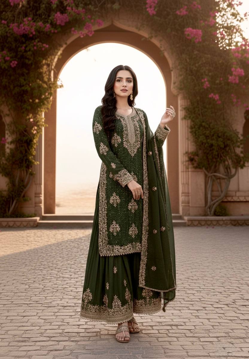 Green Color Silk Embroidered Fully Stitched Palazzo Suit Set