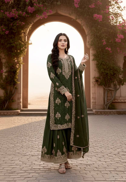 Green Color Silk Embroidered Fully Stitched Palazzo Suit Set