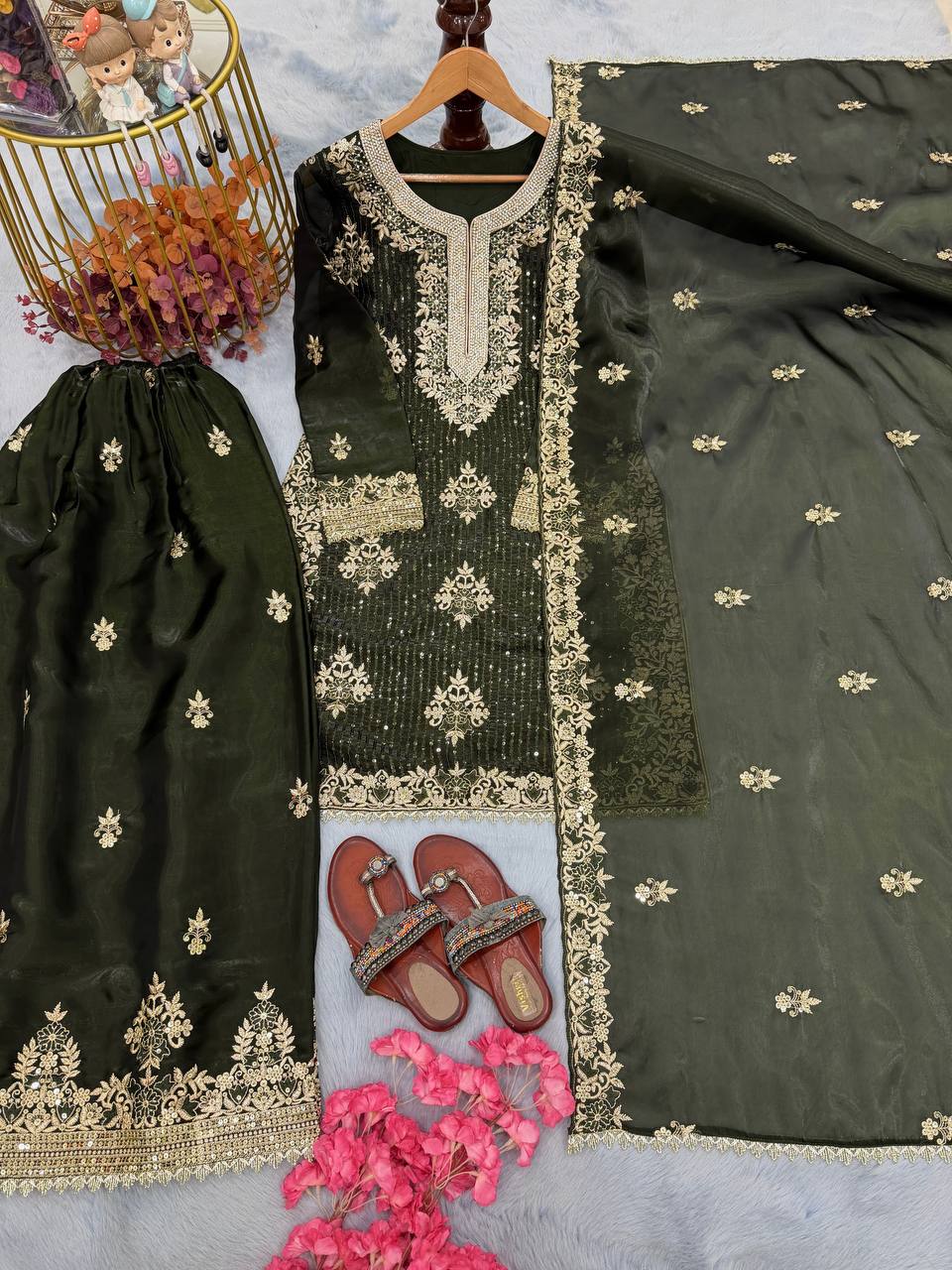 Green Color Silk Embroidered Fully Stitched Palazzo Suit Set