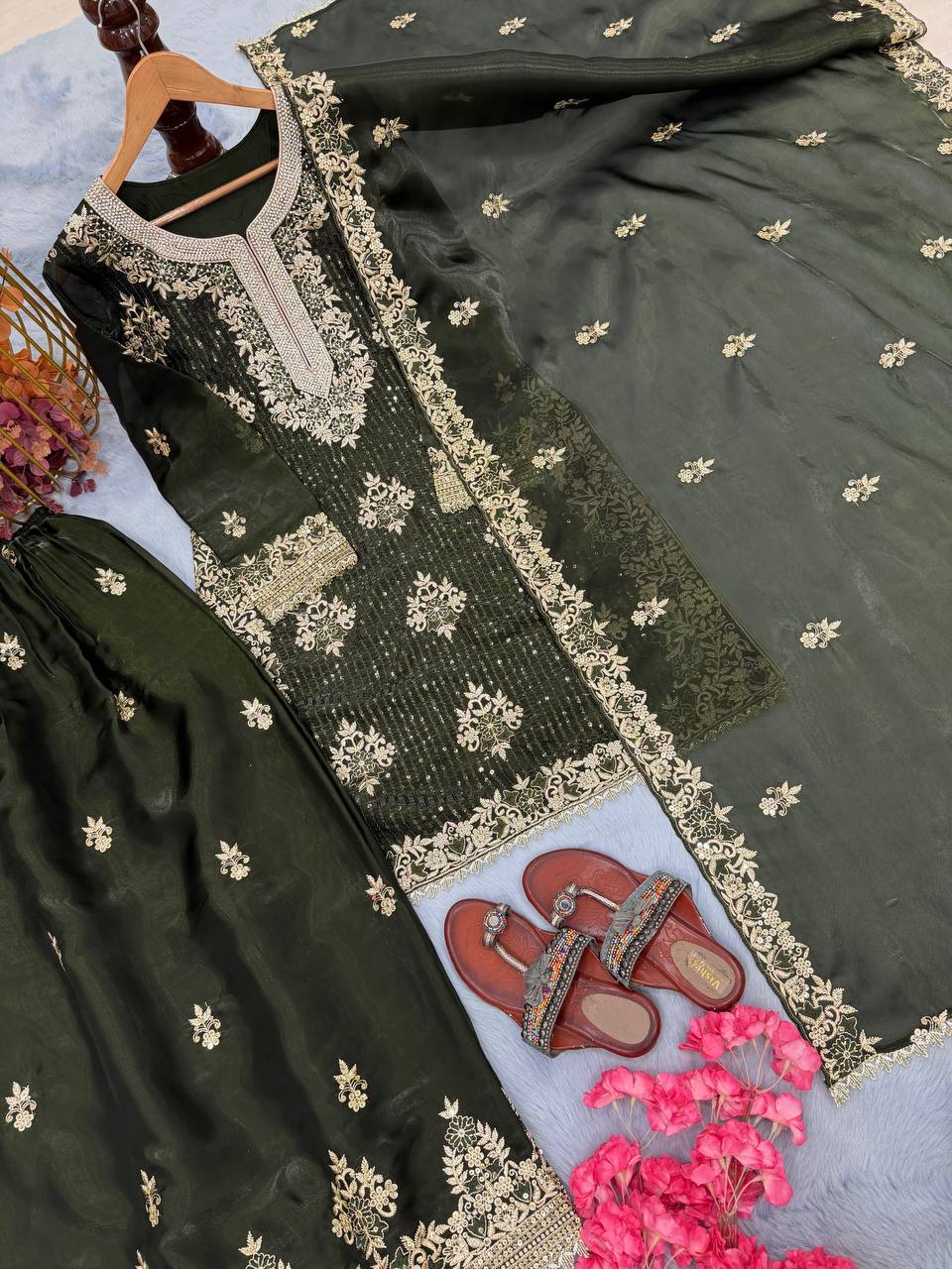 Green Color Silk Embroidered Fully Stitched Palazzo Suit Set