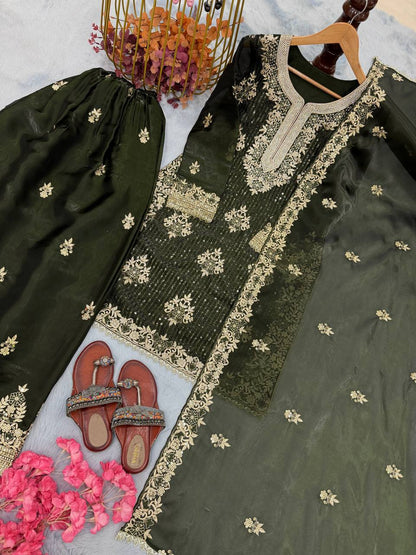 Green Color Silk Embroidered Fully Stitched Palazzo Suit Set