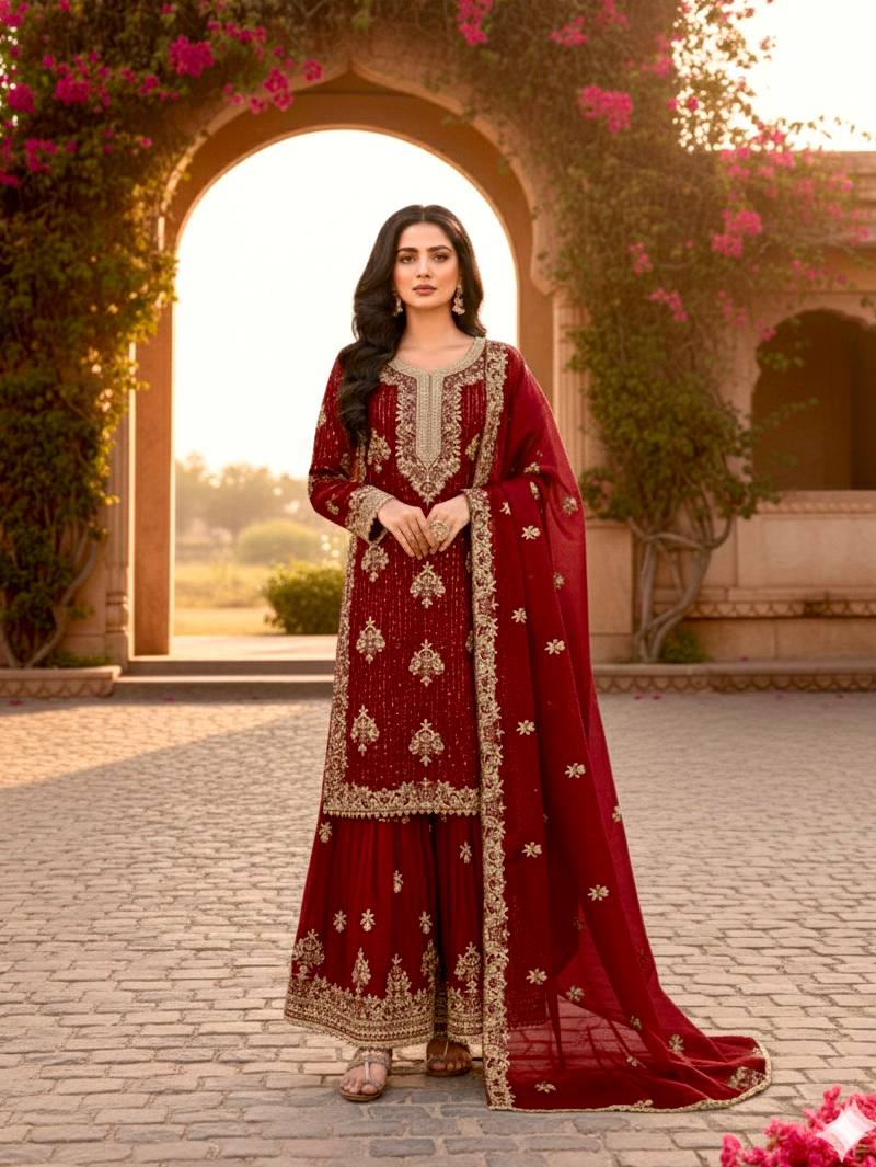 Maroon Color Silk Embroidered Fully Stitched Palazzo Suit Set