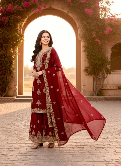 Maroon Color Silk Embroidered Fully Stitched Palazzo Suit Set