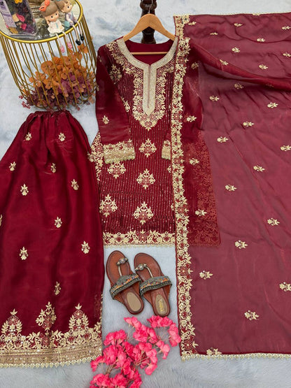 Maroon Color Silk Embroidered Fully Stitched Palazzo Suit Set