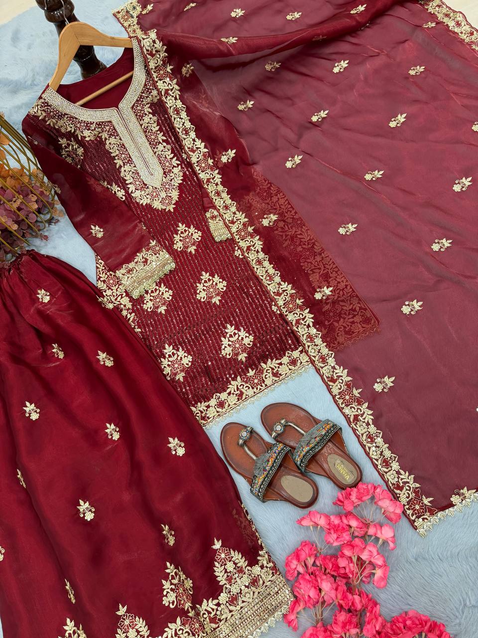 Maroon Color Silk Embroidered Fully Stitched Palazzo Suit Set