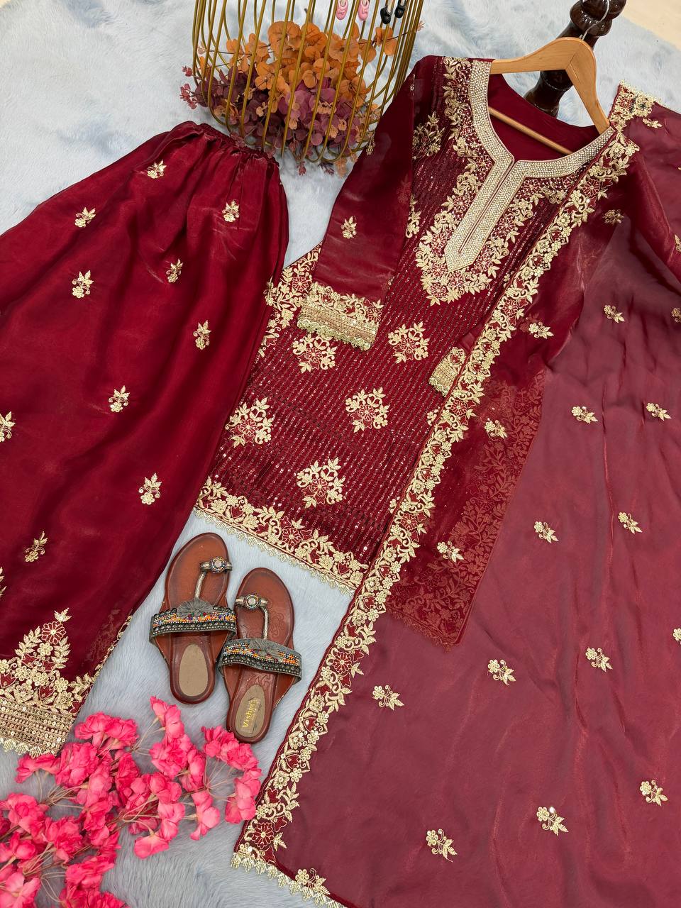 Maroon Color Silk Embroidered Fully Stitched Palazzo Suit Set