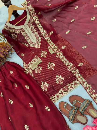 Maroon Color Silk Embroidered Fully Stitched Palazzo Suit Set