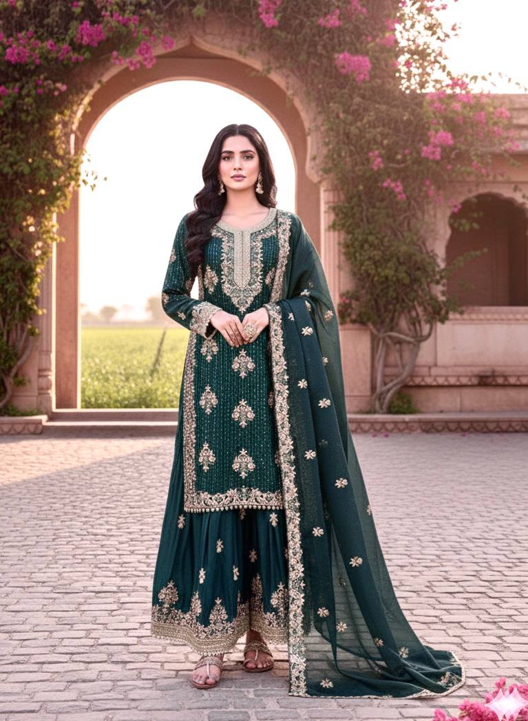 Teal Green Color Silk Embroidered Fully Stitched Palazzo Suit Set
