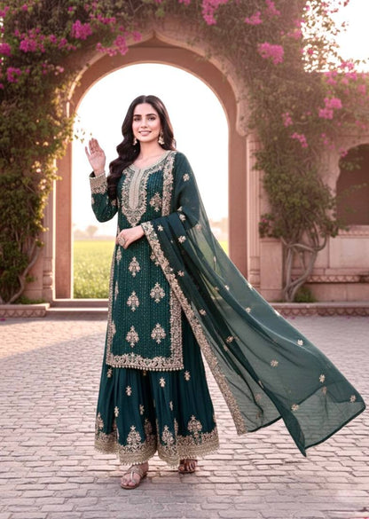 Teal Green Color Silk Embroidered Fully Stitched Palazzo Suit Set