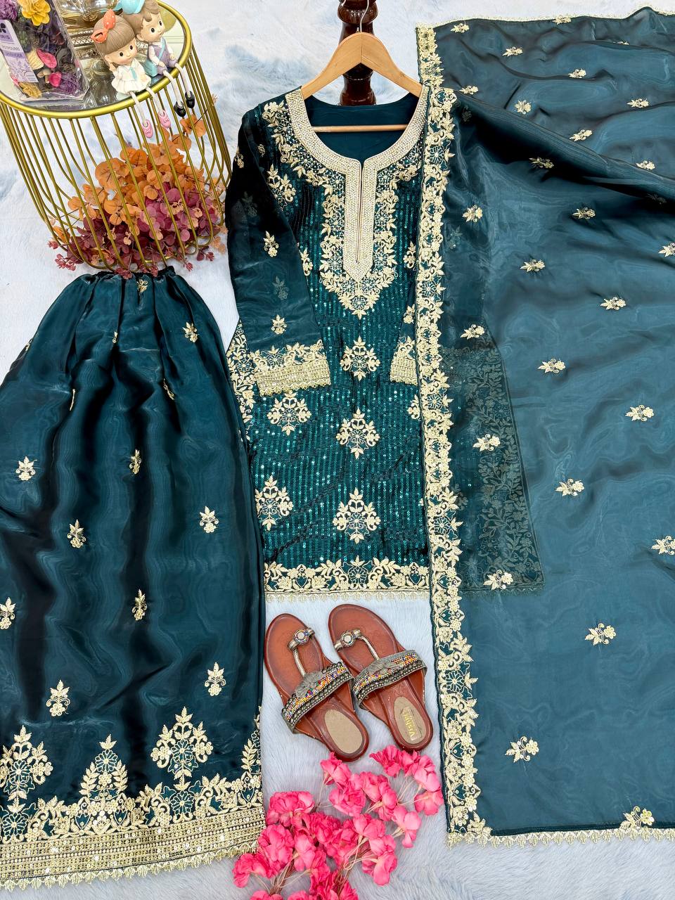 Teal Green Color Silk Embroidered Fully Stitched Palazzo Suit Set