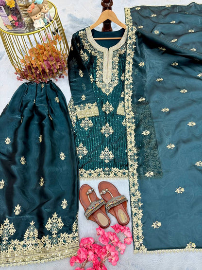 Teal Green Color Silk Embroidered Fully Stitched Palazzo Suit Set
