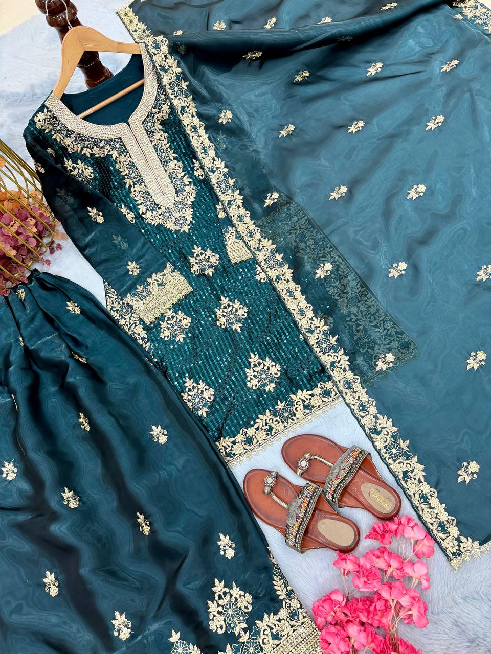 Teal Green Color Silk Embroidered Fully Stitched Palazzo Suit Set