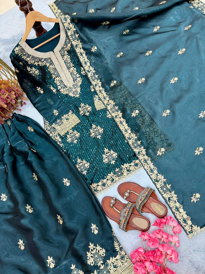 Teal Green Color Silk Embroidered Fully Stitched Palazzo Suit Set