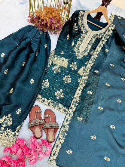 Teal Green Color Silk Embroidered Fully Stitched Palazzo Suit Set