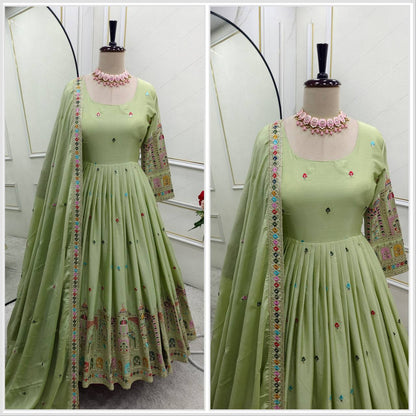 Bollywood Style Light Green Color Pure Cinon Silk With Heavy Embroidery Sequence Work Anarkali Gown