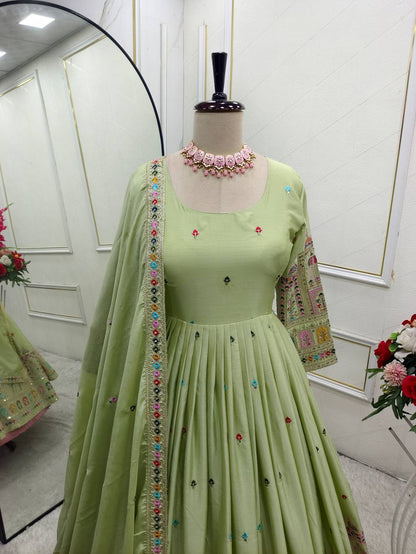 Bollywood Style Light Green Color Pure Cinon Silk With Heavy Embroidery Sequence Work Anarkali Gown