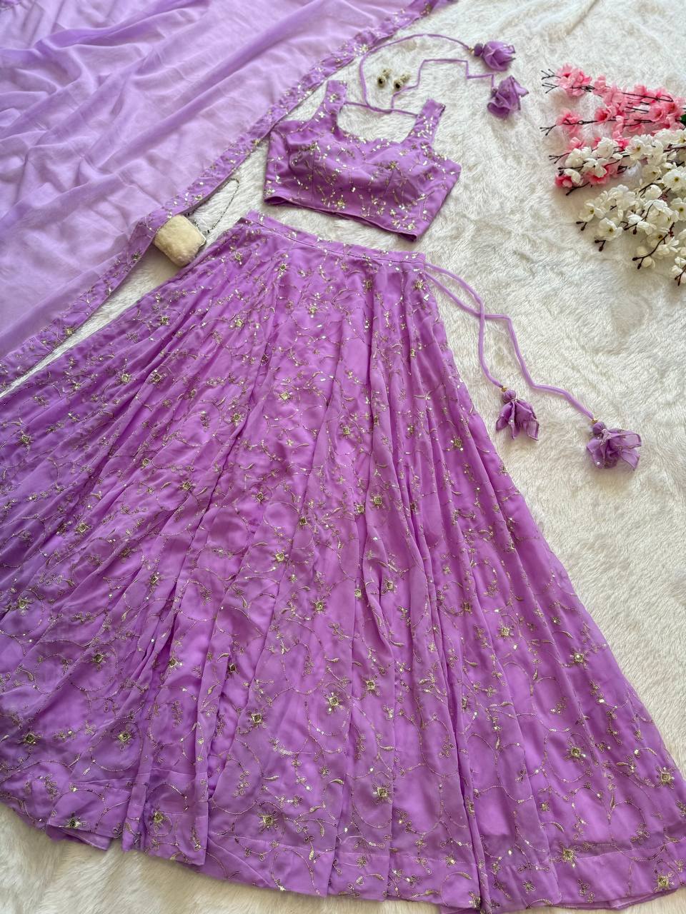 Ceremony Wear Lavender Color Pure Georgette With Embroidery Sequence Work Lehenga Choli