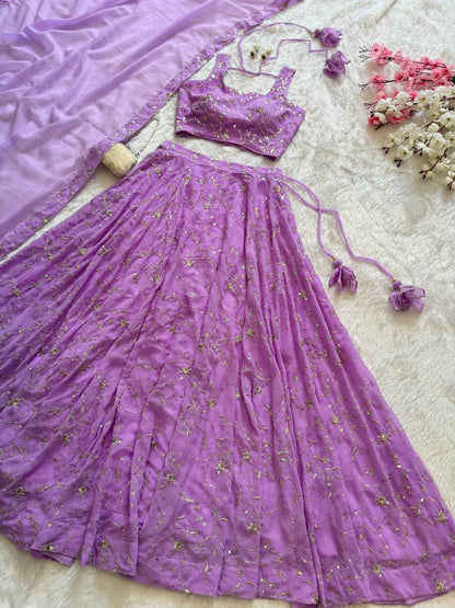 Ceremony Wear Lavender Color Pure Georgette With Embroidery Sequence Work Lehenga Choli