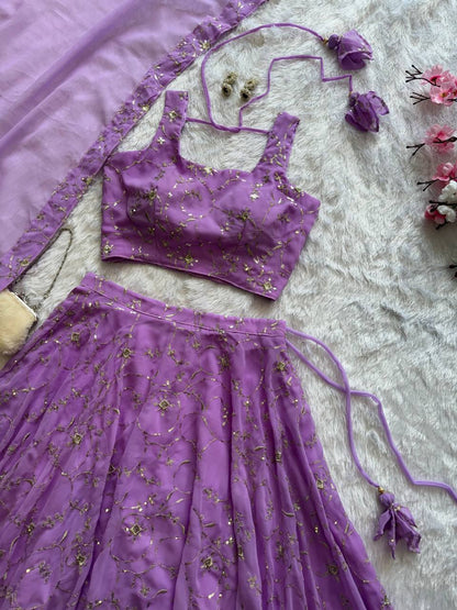 Ceremony Wear Lavender Color Pure Georgette With Embroidery Sequence Work Lehenga Choli
