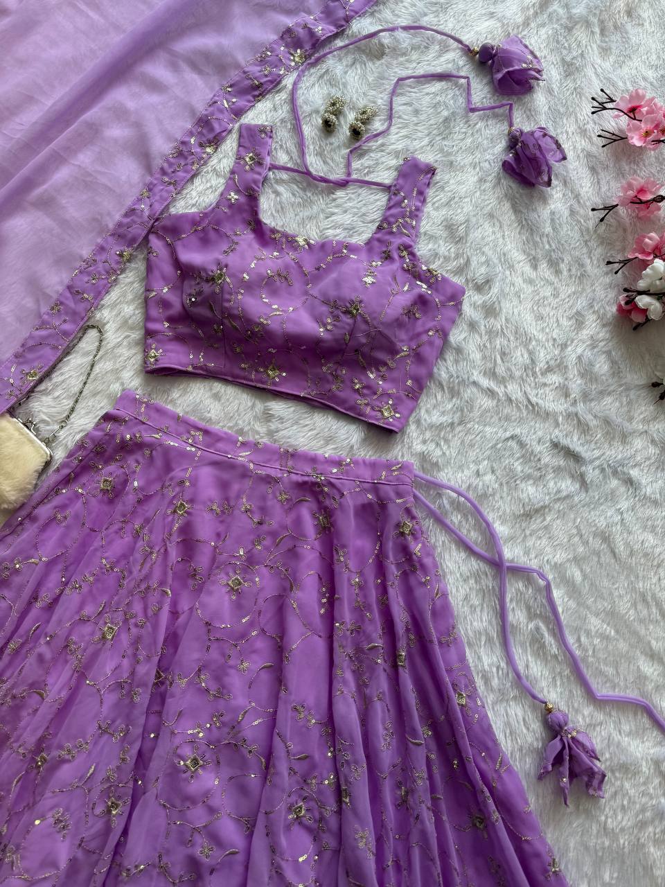 Ceremony Wear Lavender Color Pure Georgette With Embroidery Sequence Work Lehenga Choli