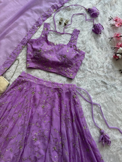 Ceremony Wear Lavender Color Pure Georgette With Embroidery Sequence Work Lehenga Choli