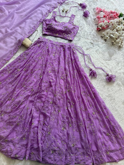 Ceremony Wear Lavender Color Pure Georgette With Embroidery Sequence Work Lehenga Choli