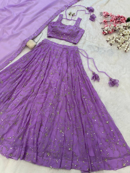 Ceremony Wear Lavender Color Pure Georgette With Embroidery Sequence Work Lehenga Choli