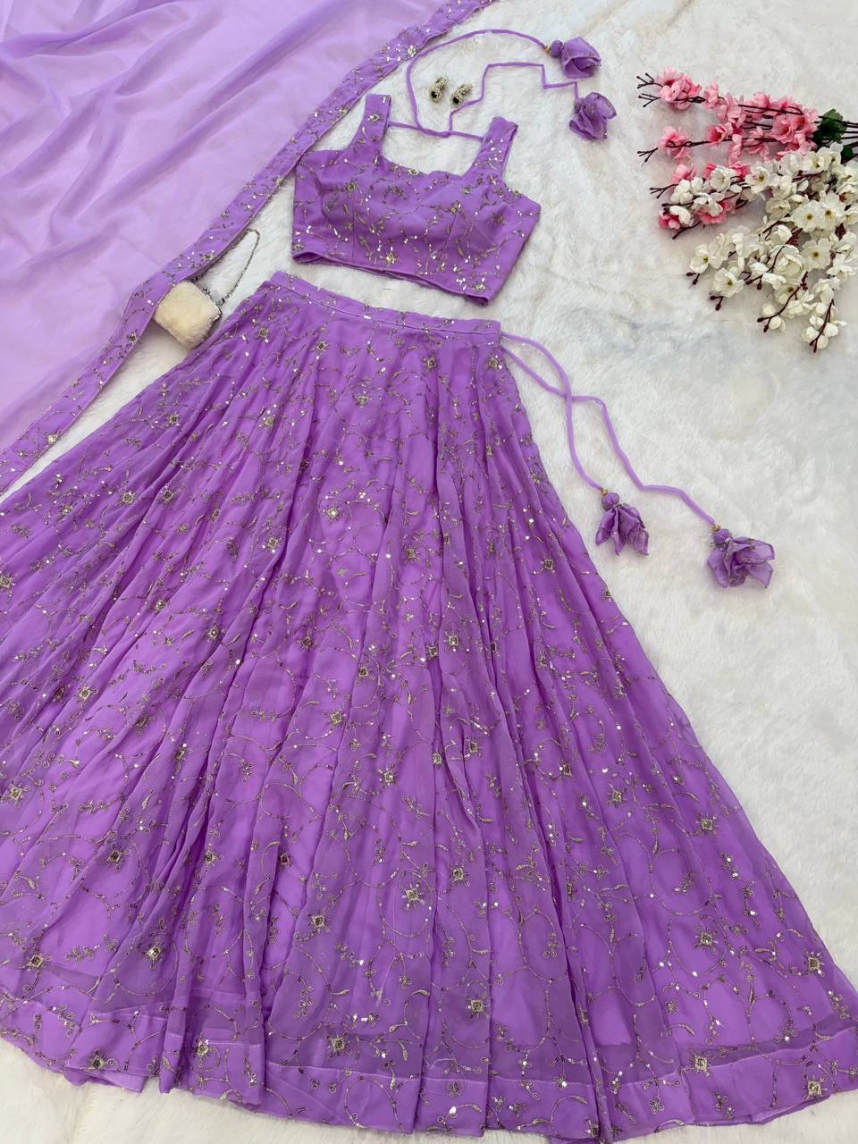 Ceremony Wear Lavender Color Pure Georgette With Embroidery Sequence Work Lehenga Choli