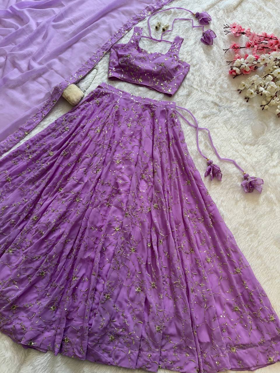 Ceremony Wear Lavender Color Pure Georgette With Embroidery Sequence Work Lehenga Choli