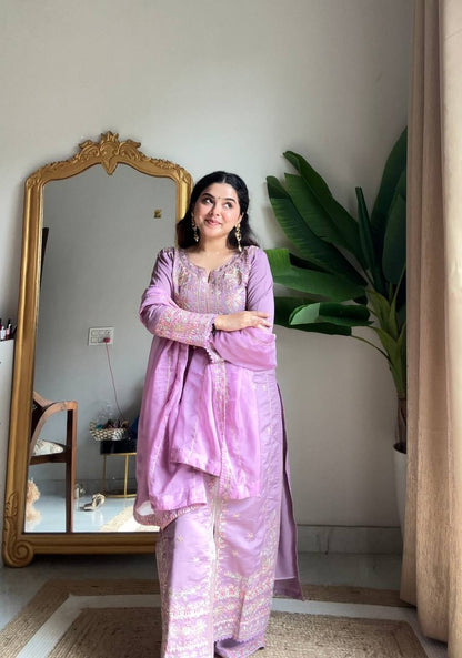 Arti Chuahan Wear Purple Roman Silk Embroidered Kurti Palazzo Set