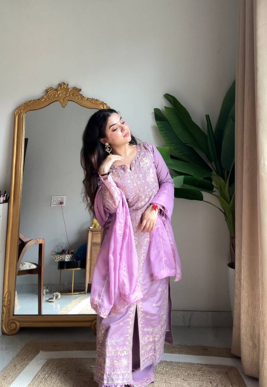 Arti Chuahan Wear Purple Roman Silk Embroidered Kurti Palazzo Set