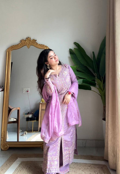 Arti Chuahan Wear Purple Roman Silk Embroidered Kurti Palazzo Set