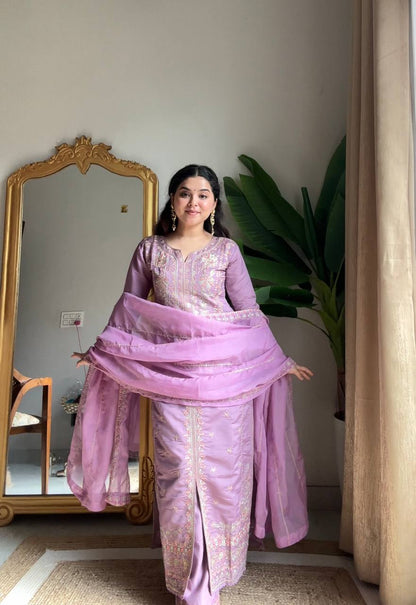 Arti Chuahan Wear Purple Roman Silk Embroidered Kurti Palazzo Set