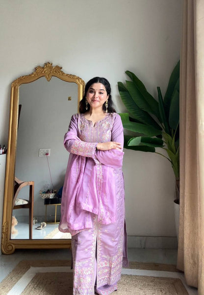 Arti Chuahan Wear Purple Roman Silk Embroidered Kurti Palazzo Set