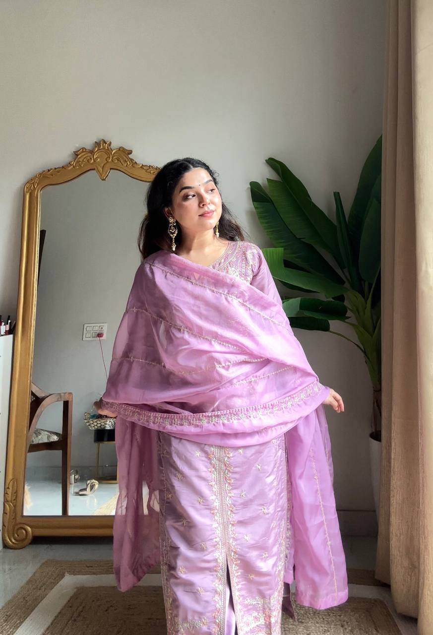 Arti Chuahan Wear Purple Roman Silk Embroidered Kurti Palazzo Set