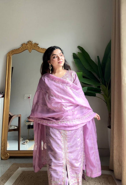 Arti Chuahan Wear Purple Roman Silk Embroidered Kurti Palazzo Set
